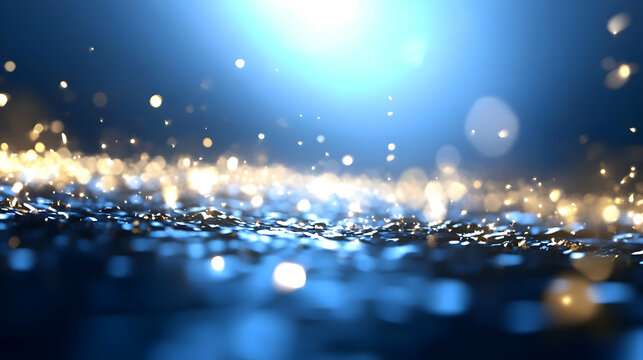 Sparkling blue and gold particles, glittering surface, abstract background, ideal for luxury product promotion or festive design