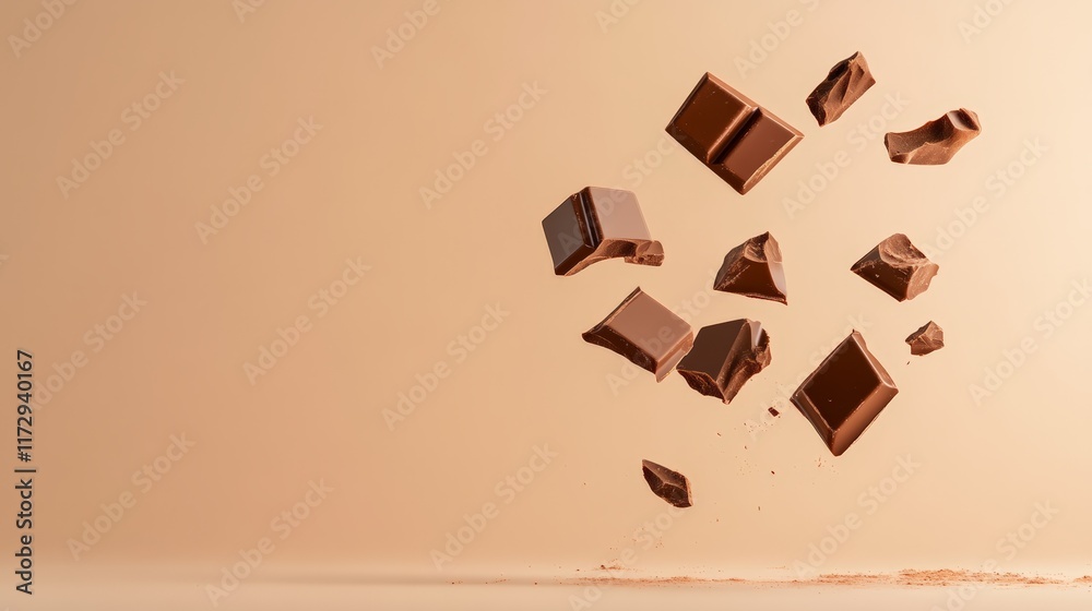 Aufkleber Pieces of milk chocolate of various sizes are levitating and rotating on a warm, monochrome background, creating a visually appealing and dynamic composition