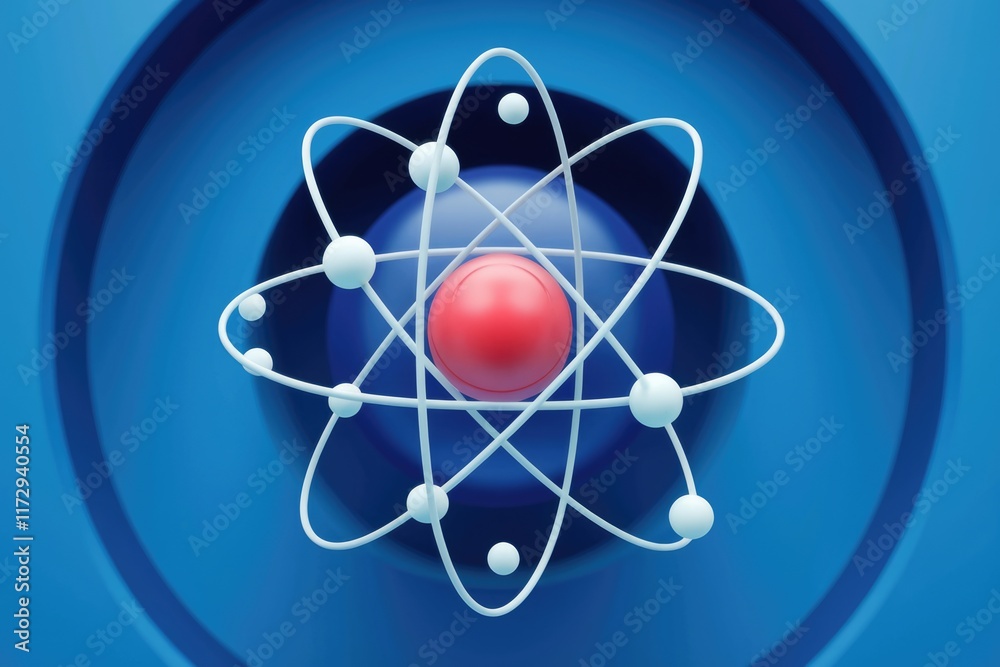 Aufkleber A stylized 3D model of an atom with a red nucleus and orbiting electrons, set against a concentric blue circle background.