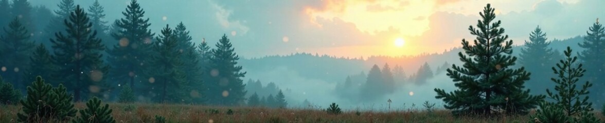 Obraz premium Misty forest scene featuring a lone pine Christmas tree, woodland, forest