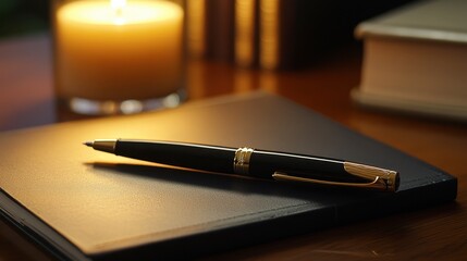 A classic pen with a gold clip and cap, set next to a journal and a cozy candle in a warm, inviting office space.