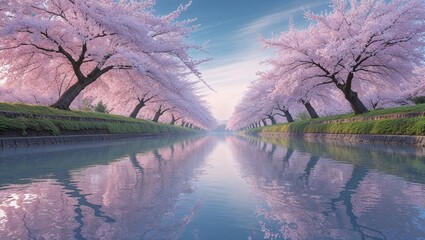 Cherry blossom trees lining river in full bloom during spring