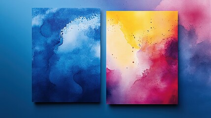 Two vibrant watercolor paintings, blue and yellow-pink, displayed on a blue background.