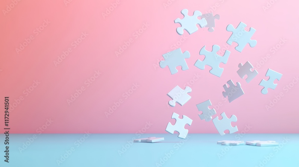 Poster White jigsaw puzzle pieces are floating on a pink and blue background, creating a visually appealing image that represents problem solving, strategy, and teamwork