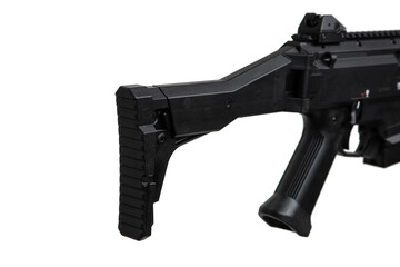A modern black PCC (Pistol Caliber Carbine) with a suppressor, tactical rails, and adjustable...
