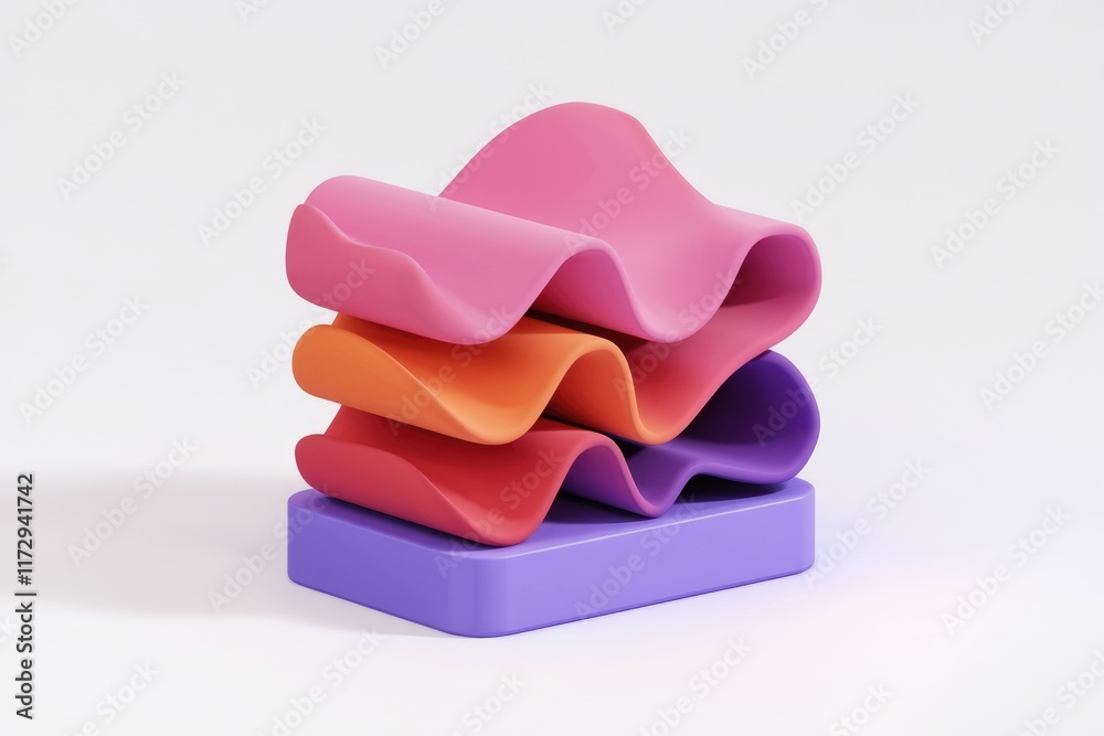 Leinwandbilder stack of colorful wavy shapes on a purple base, abstract 3d render.