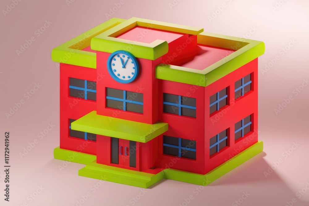 Aufkleber a vibrant 3d model of a school building, showcasing a playful design with a clock tower.
