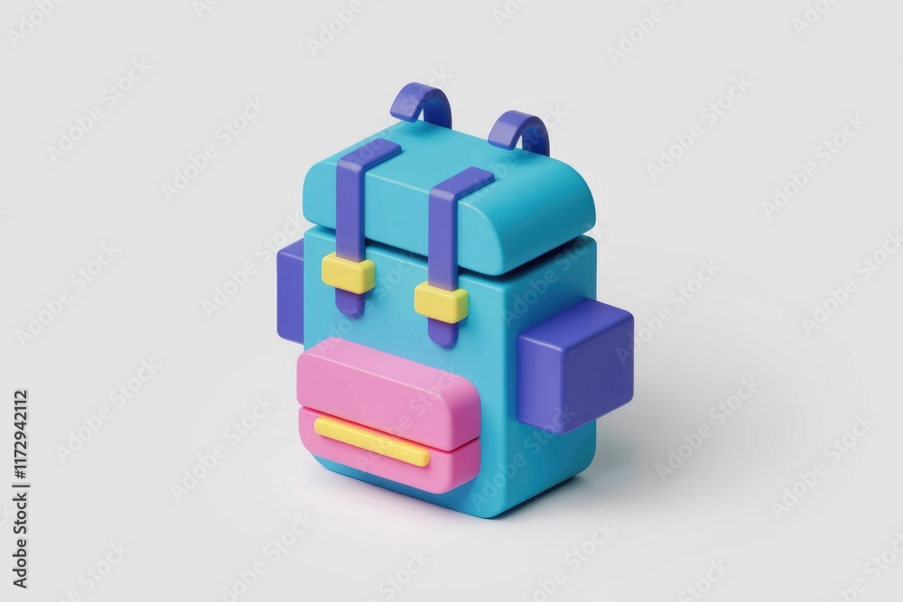 Poster a colorful 3d rendering of a backpack, ideal for travel or school.