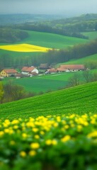 Springtime Harmony Idyllic Countryside Scene with Rolling Hills and Vibrant Green and Yellow Fields