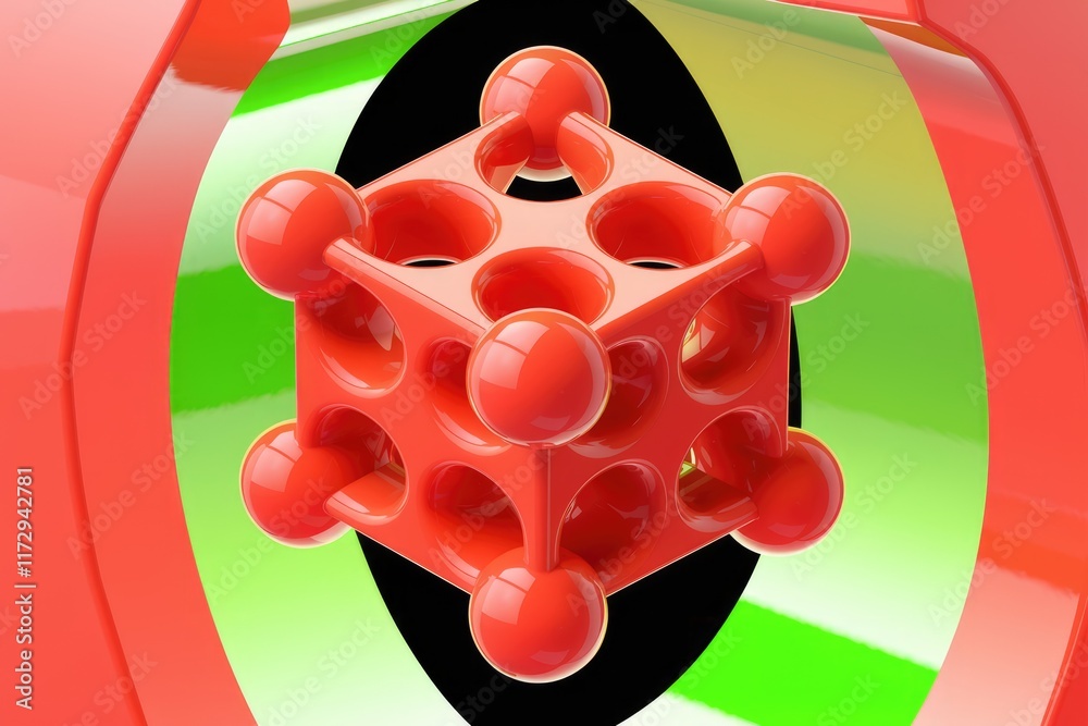 Aufkleber Abstract 3D rendering of a red, cube-like structure with spherical nodes, set against a vibrant green and red background.