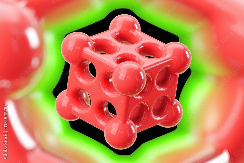 Poster a vibrant coral-colored cube with spherical protrusions, set against a blurred green and red backdro