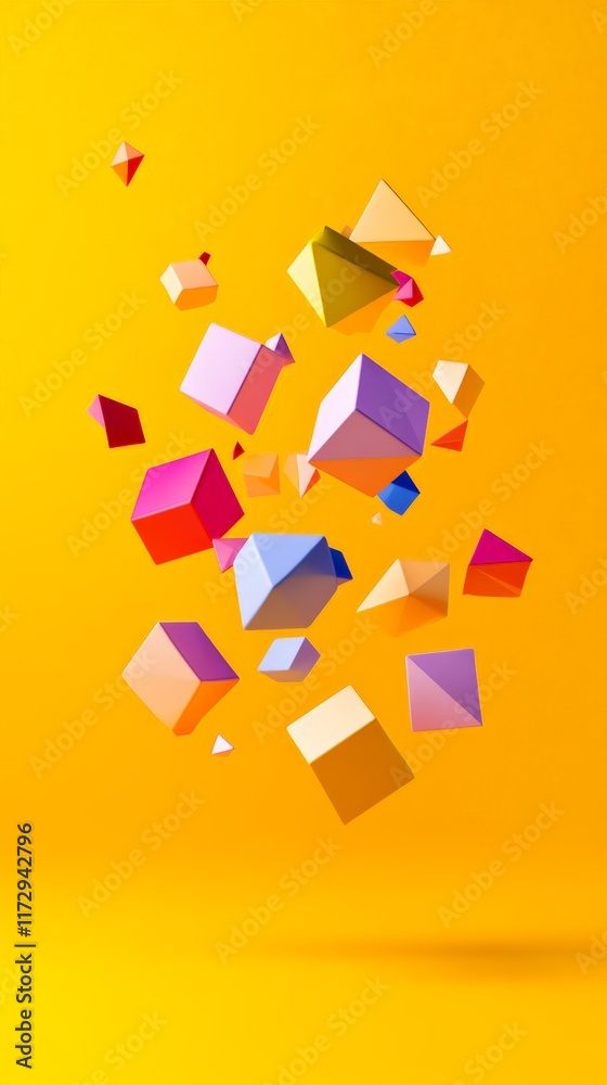 Poster Colorful cubes and pyramids levitating against a vibrant yellow background create a dynamic and playful abstract composition, showcasing geometric shapes in motion and energy