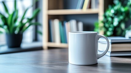 Fototapeta premium A white mug on a wooden table with greenery.