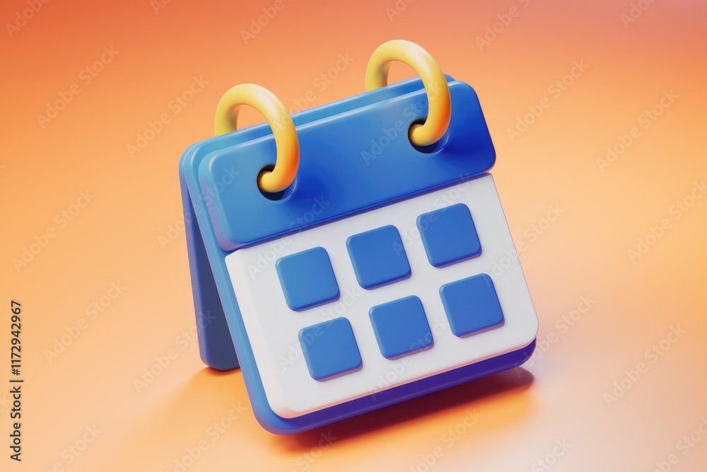 Poster a 3d rendered blue calendar icon with yellow rings, symbolizing scheduling and organization.