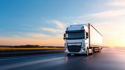 Obraz premium Modern truck driving on an open highway at sunset