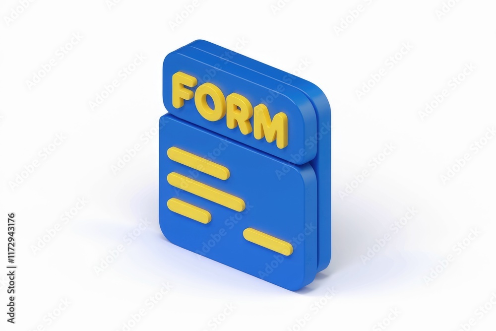 Poster 3D rendering of a blue form icon with yellow fields and text.