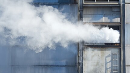 White steam billowing from industrial vent on metallic building.
