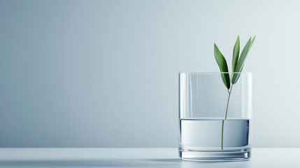 Minimalist glass with water and green plant sprout