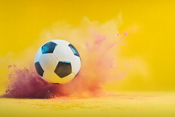Naklejka premium Soccer Ball with Colorful Powder Explosion on Yellow Background