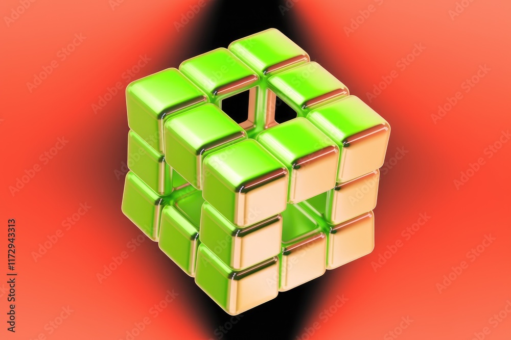 Aufkleber A 3D rendering of a metallic green cube structure with a hollow center against a red backdrop.