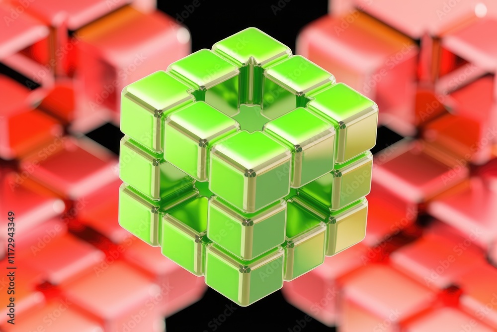 Poster a vibrant green cube, composed of smaller cubes, stands out against a backdrop of blurred red cubes.