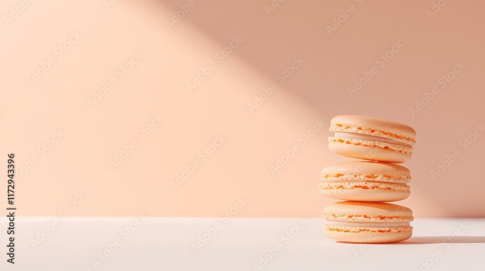 Aufkleber Three macarons balancing on top of each other on a white surface with a peach colored background and a ray of light coming from the left side, creating a minimalistic and elegant composition