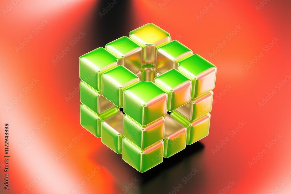 Aufkleber A 3D rendering of a green cube composed of smaller cubes, creating a visually appealing abstract structure.