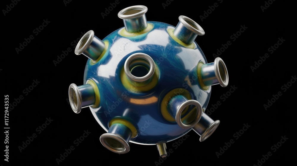Poster A spherical object with multiple metallic tubes, resembling a futuristic device or bomb.