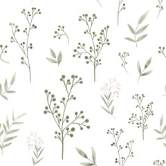 Seamless botanical pattern. Watercolor illustration of field herbs. Isolated illustration on white background. Suitable for textiles and typography.