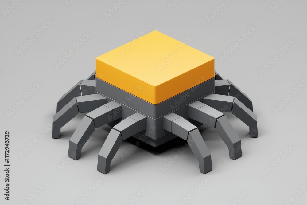 Poster A low-poly 3D rendering of a spider-like robot with a yellow cube on top.