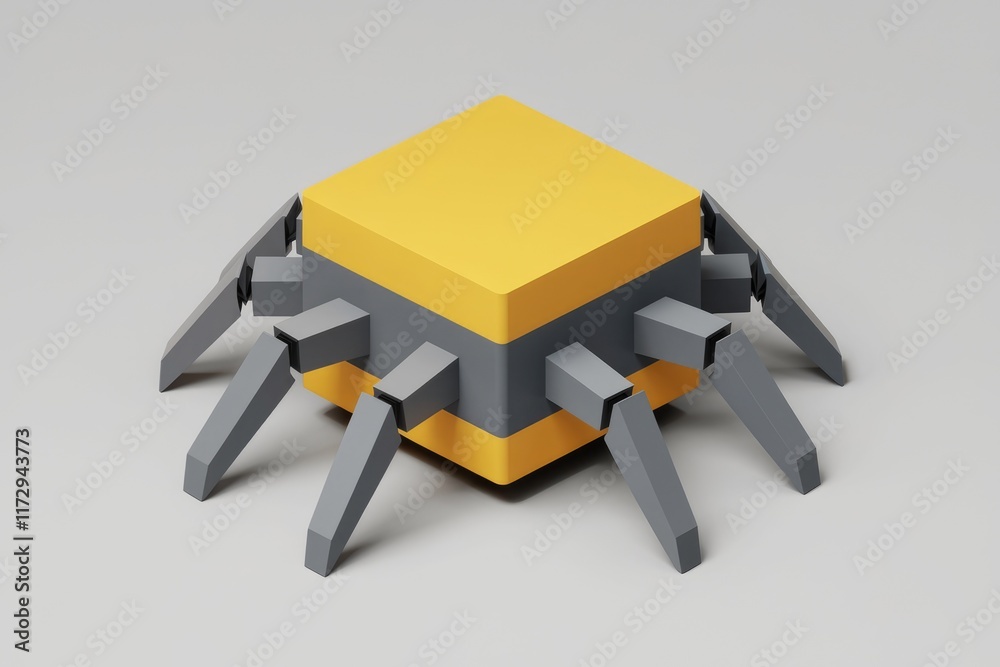Poster a low-poly 3d model of a yellow cube robot with eight gray legs.