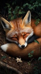 Obraz premium A peaceful fox nestles comfortably among the foliage, embodying tranquility in nature.