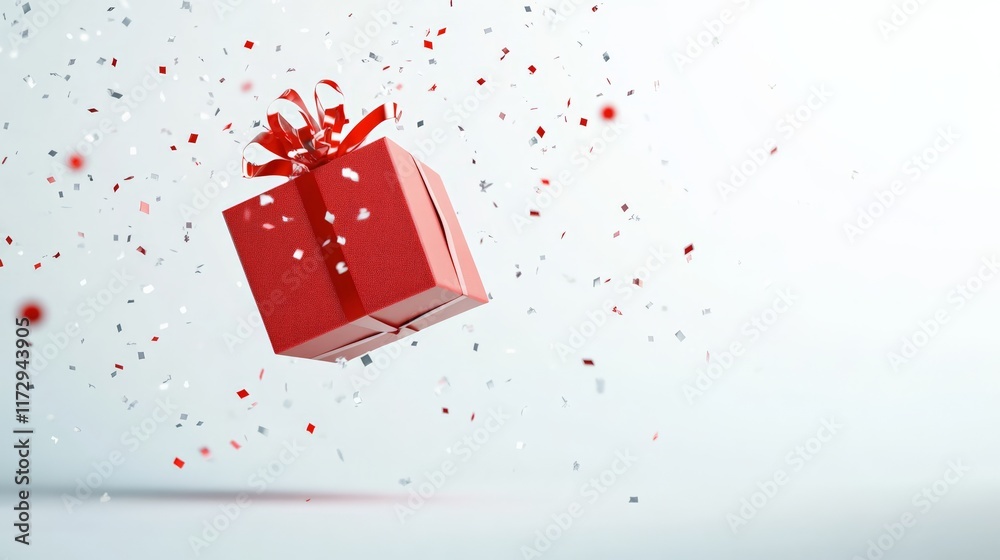Aufkleber red gift box with red ribbon floating in the air with falling red and silver confetti on a white bac