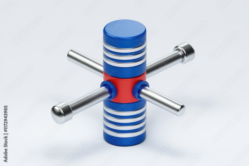 Aufkleber Abstract 3D model of a blue and red cylindrical structure with four metallic arms extending outwards.