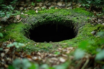 Dark Hole Hidden In Mossy Forest Floor