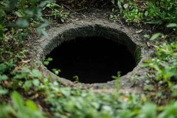 Dark Hole in the Forest Ground Amidst Lush Vegetation