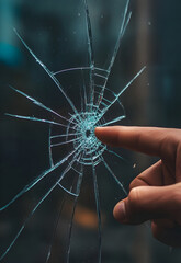 Hand Touching a Radial Crack in Glass Against a Dimly Lit Urban Backdrop