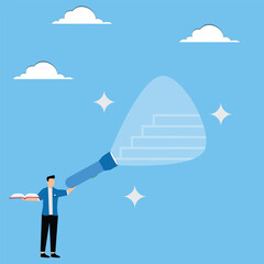 Book knowledge and education to guide and help success, business direction and guidance, exploring knowledge and learning, businessman with a book in one hand and a flashlight in the other to light th