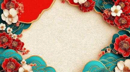 Luxurious Festive Background with Red, Gold, and Floral Elegance, and free space.