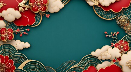 Luxurious Festive Background with Red, Gold, and Floral Elegance, and free space.