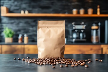 Brown coffee bag with beans on table.