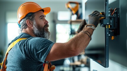 Skilled Worker Installing TV Wall Bracket in Modern Living Room