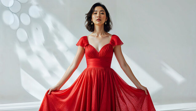シンプルな背景に鮮やかな赤のドレスをまとい優雅に立つ女性.生成AI