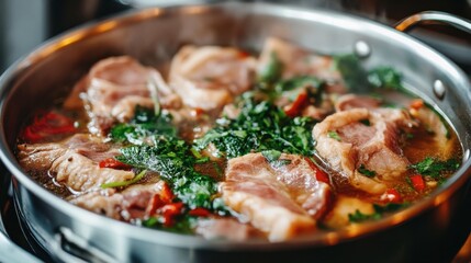 A close-up view of pork slices cooking in the shabu pan with vibrant broth and fresh greens.