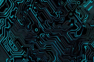Abstract close-up of a glowing blue digital circuit board, showcasing intricate connections and technological design on a black background.
