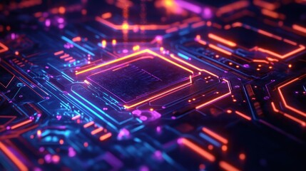 Obraz premium Close-up of a Futuristic Circuit Board with Glowing Neon Lights