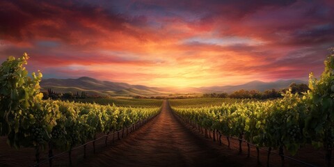 Naklejka premium A picturesque vineyard bathed in warm hues as the sun sets, casting a tranquil glow over the lush green vines and rolling hills in the background.