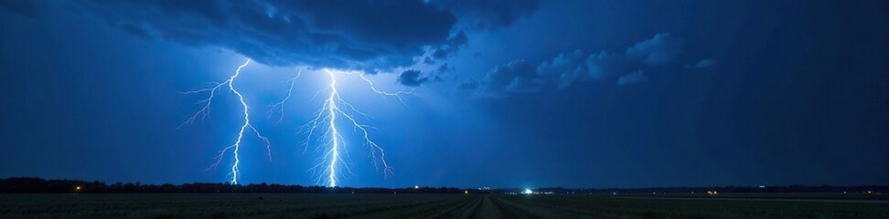 A bolt of bright blue and white lightning illuminates the dark landscape, natural phenomenon, turbulent ground