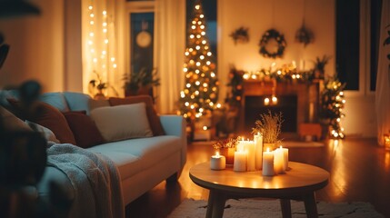 Cozy Christmas living room decorated with warm lights, candles, and a Christmas tree.