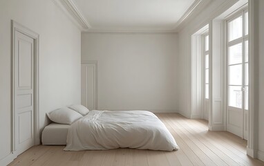 Minimalist bedroom, white bedding, light wood floor, large windows